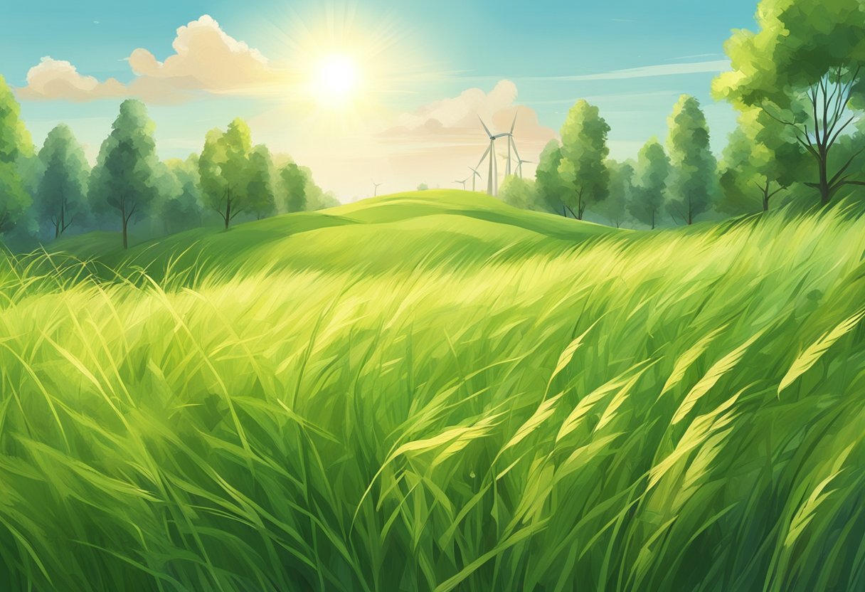 A field of tall green grasses swaying in the wind, with a bright sun in the sky and a small bioenergy plant in the background