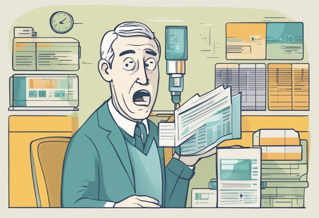 Older man in green suit shocked by newspaper in retro office with digital infusion drip.