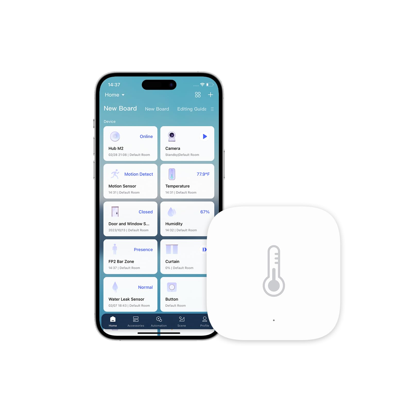 Aqara Temperature and Humidity Sensor Recensie: De Beste Keuze? 1 Smart home dashboard app on smartphone with temperature sensor device on white background.