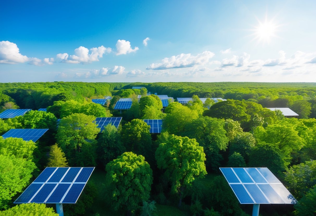 Begin met duurzaam consumeren: 7 praktische stappen naar een groenere levensstijl 4 Een weelderig groen bos met een heldere blauwe lucht, waar hernieuwbare energiebronnen en duurzame producten in gebruik zijn.