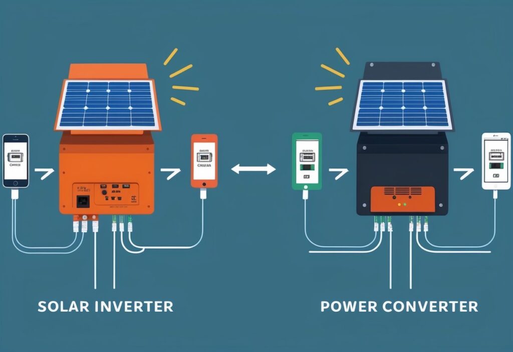 Comparison of solar inverter and power converter with mobile integration for energy management.