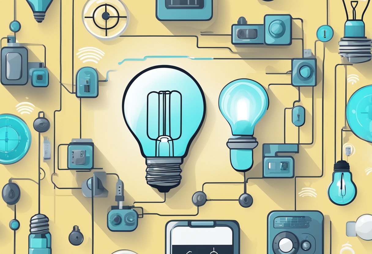 A light bulb with a dimmer switch set to a lower setting, surrounded by energy-saving devices like a smart thermostat and LED light bulbs