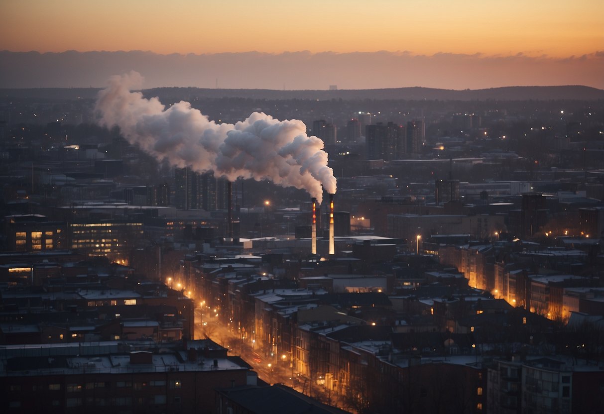 A city skyline with steam rising from multiple buildings, indicating the use of district heating