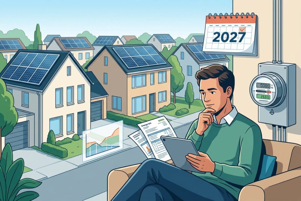 Een huiseigenaar bekijkt energiegegevens buiten bij zonnepanelen op het dak, met een kalender waarop 2027 staat en een energiemeter in beeld.