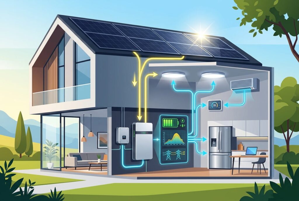 Illustratie van een huis met zonnepanelen en een thuisbatterij die energie levert aan verschillende apparaten in huis.