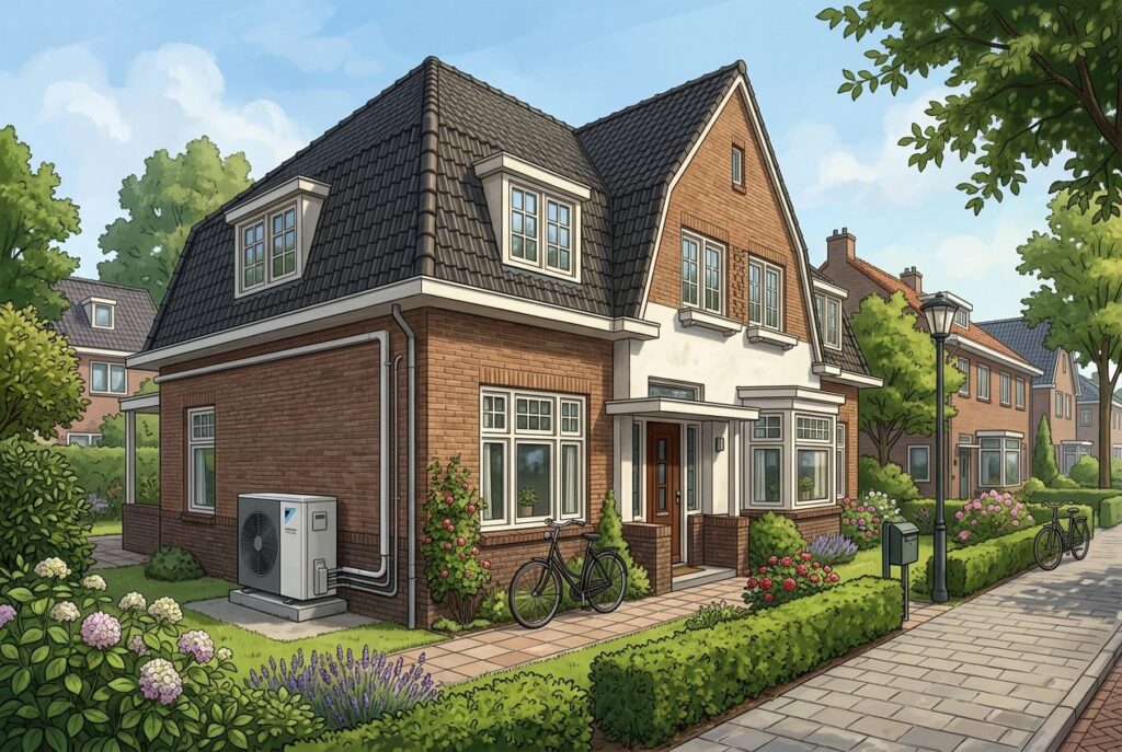 Een jaren 30 woning met een moderne hybride warmtepomp aan de buitenkant, omgeven door een tuin en een betegeld pad.