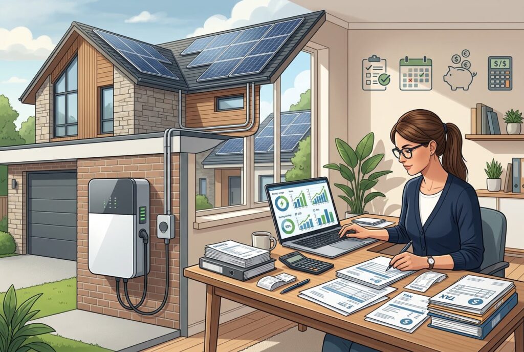 Een persoon zit aan een bureau met documenten en een laptop, naast een huis met zonnepanelen en een thuisbatterij, die energiebeheer en administratie toont.