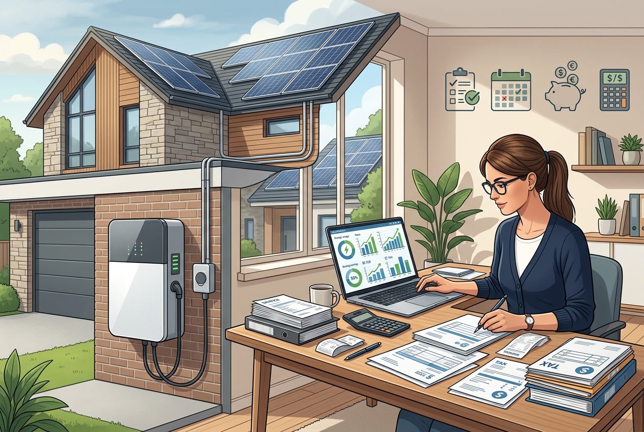Een persoon zit aan een bureau met documenten en een laptop, naast een huis met zonnepanelen en een thuisbatterij, die energiebeheer en administratie toont.