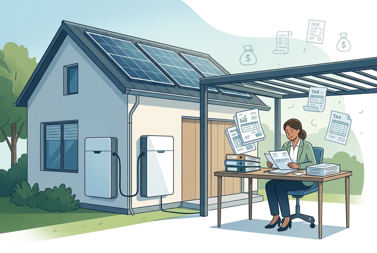 Een huis met zonnepanelen en een thuisbatterij, met een persoon die financiële documenten bekijkt aan een bureau.