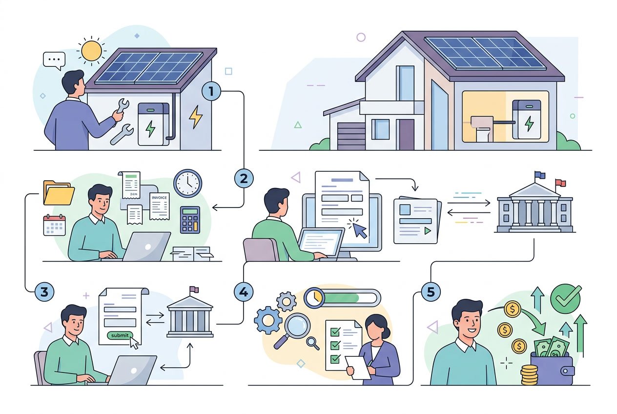 Een persoon die thuis aan een bureau administratie doet over het terugvragen van btw voor een thuisbatterij, met een huis en een batterij op de achtergrond.