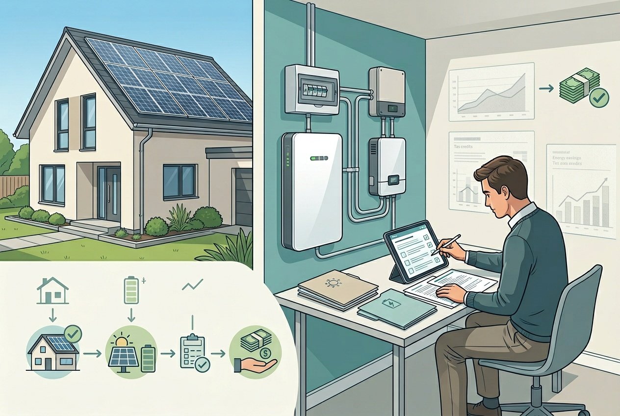 Een persoon bekijkt documenten en een tablet in een huis met zonnepanelen op het dak en een thuisbatterij in een technische ruimte.