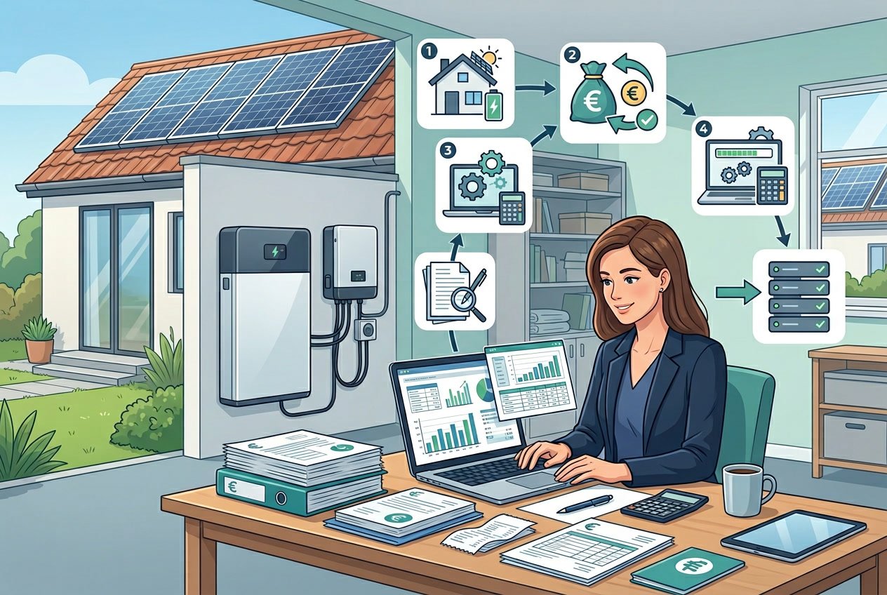 Een persoon die aan een bureau zit met papieren en een laptop, naast een huis met zonnepanelen en een thuisbatterij, die de administratie van de jaarlijkse btw-teruggave illustreert.