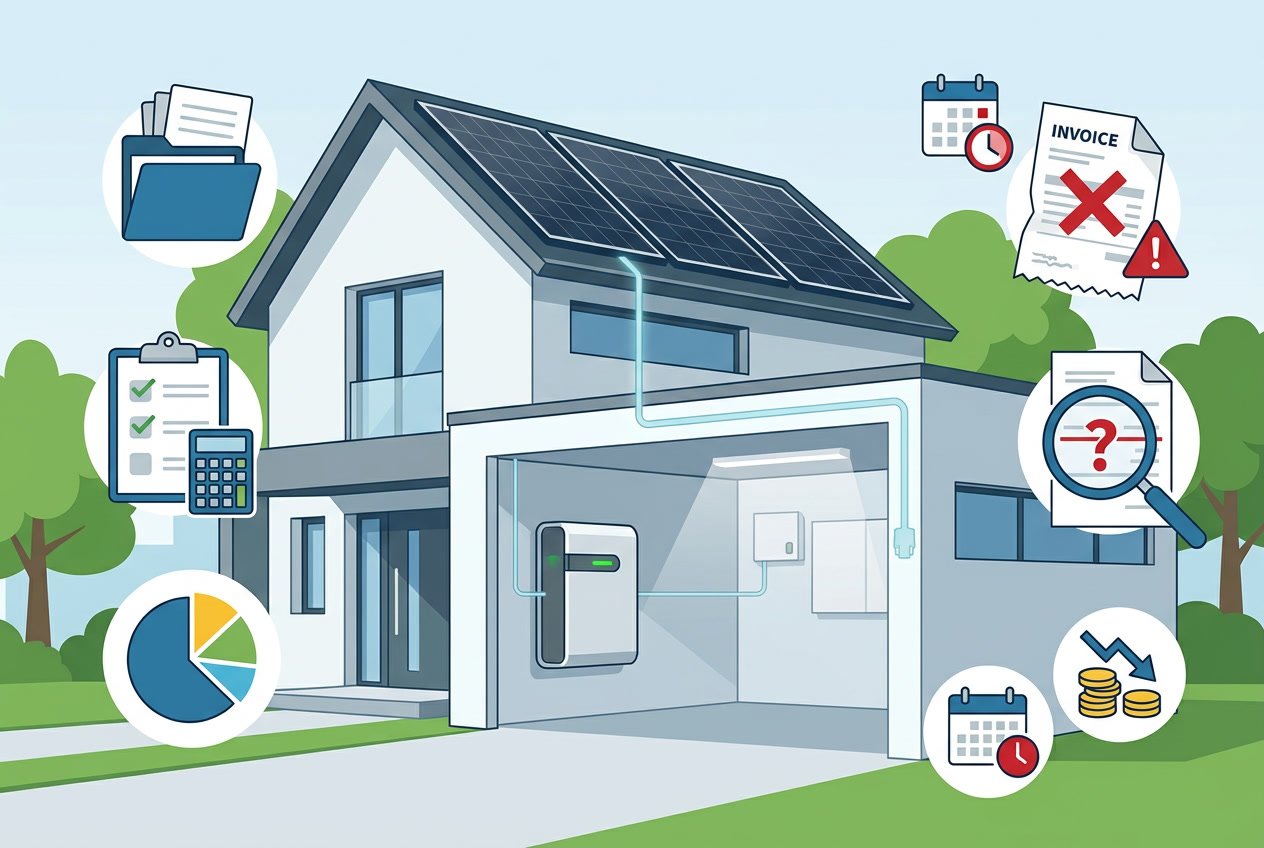 Een moderne woning met zonnepanelen en een thuisbatterij, omgeven door financiële documenten en symbolen die aandachtspunten en fouten bij de btw-administratie aangeven.
