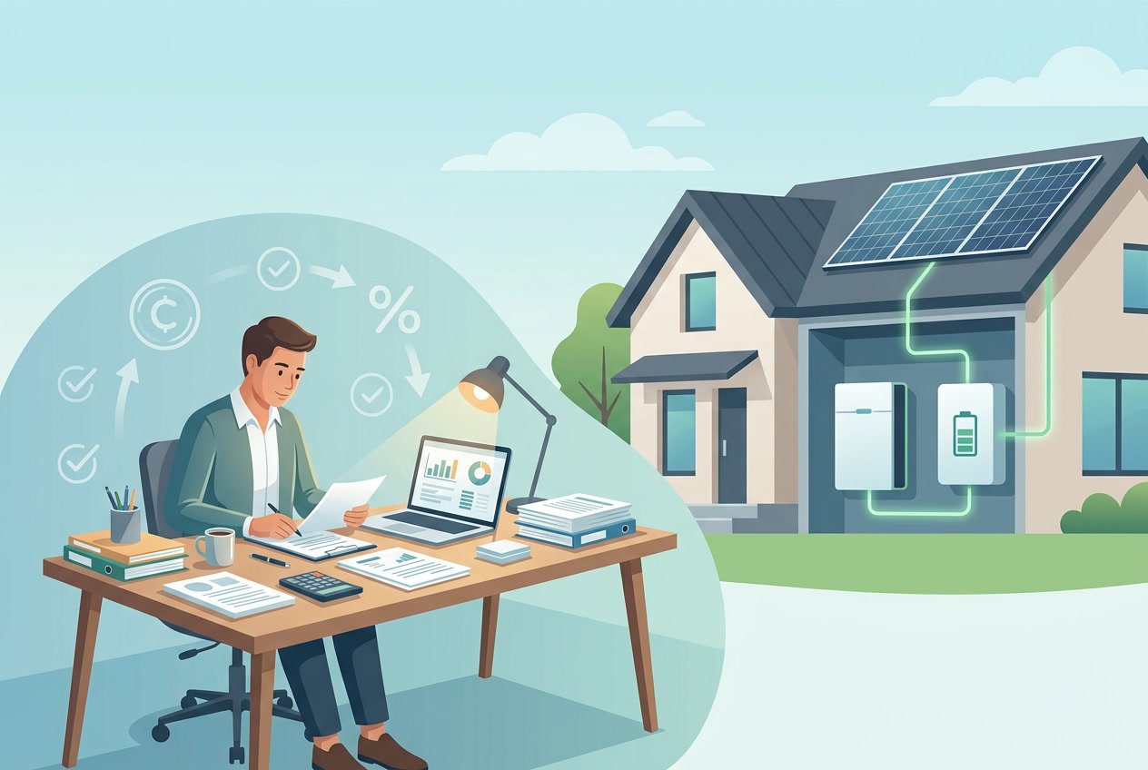 Een persoon zit aan een bureau met papieren en een laptop, naast een huis met een thuisbatterij, omgeven door symbolen van administratie en financiën.