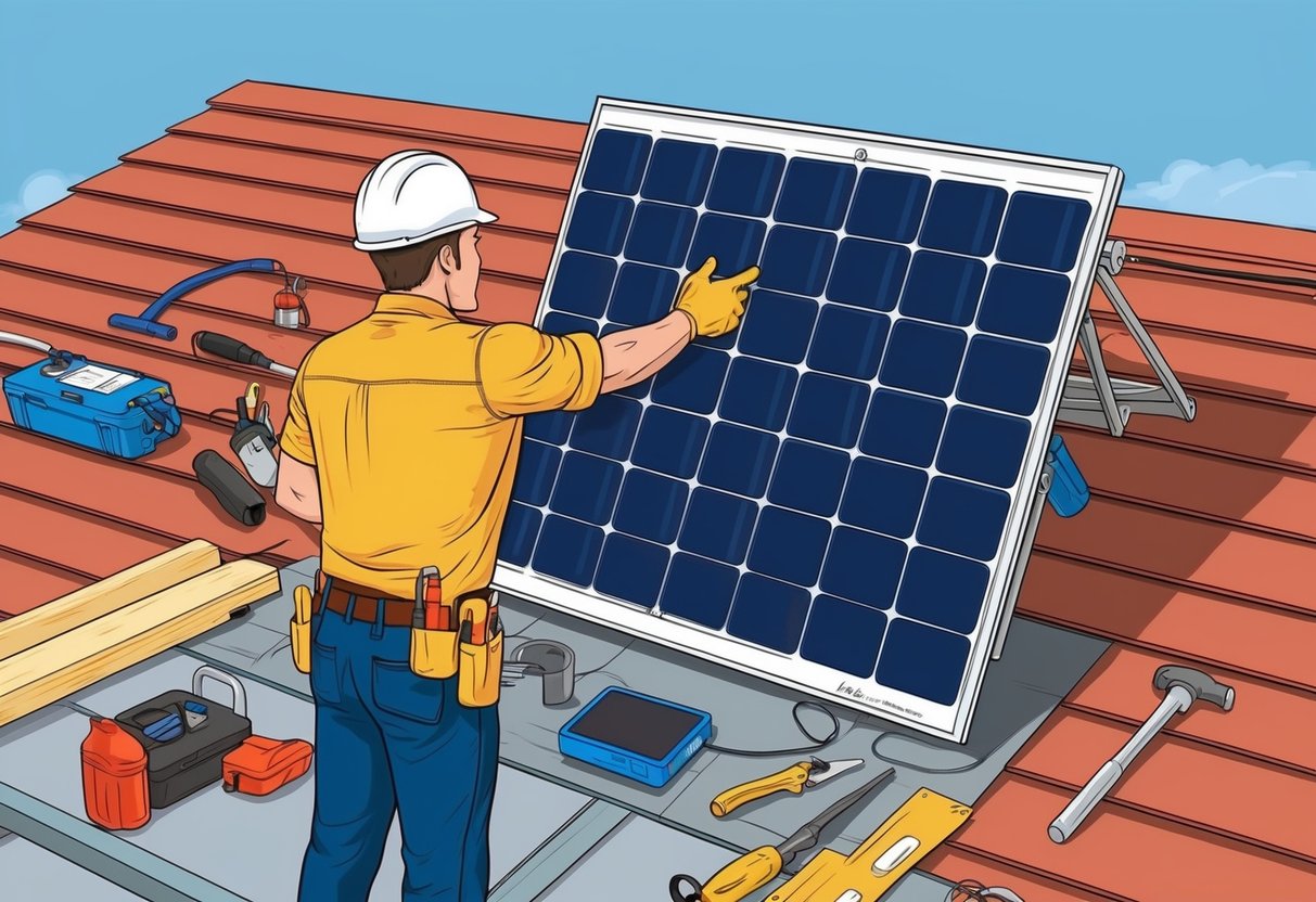 DIY Solar: 5 Eenvoudige Stappen Voor Zelfgemaakte Zonnepanelen 7 Een zonnepaneel wordt geïnstalleerd op een dak, met gereedschap en apparatuur verspreid eromheen.