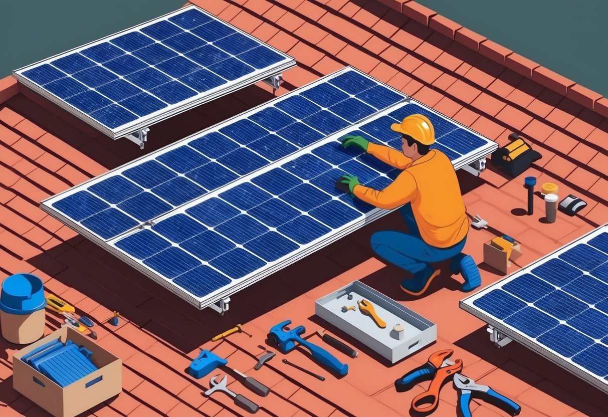 DIY Solar: 5 Eenvoudige Stappen Voor Zelfgemaakte Zonnepanelen 8 Een persoon die zonnepanelen op een dak monteert met gereedschap en apparatuur verspreid om zich heen.