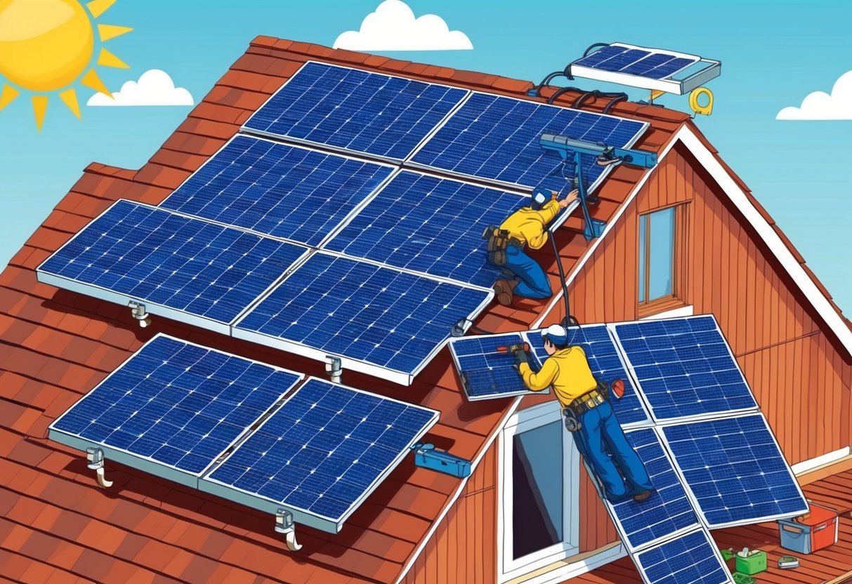DIY Solar: 5 Eenvoudige Stappen Voor Zelfgemaakte Zonnepanelen 9 Een zonnig dak met zonnepanelen die worden geïnstalleerd door een persoon met gereedschap en apparatuur