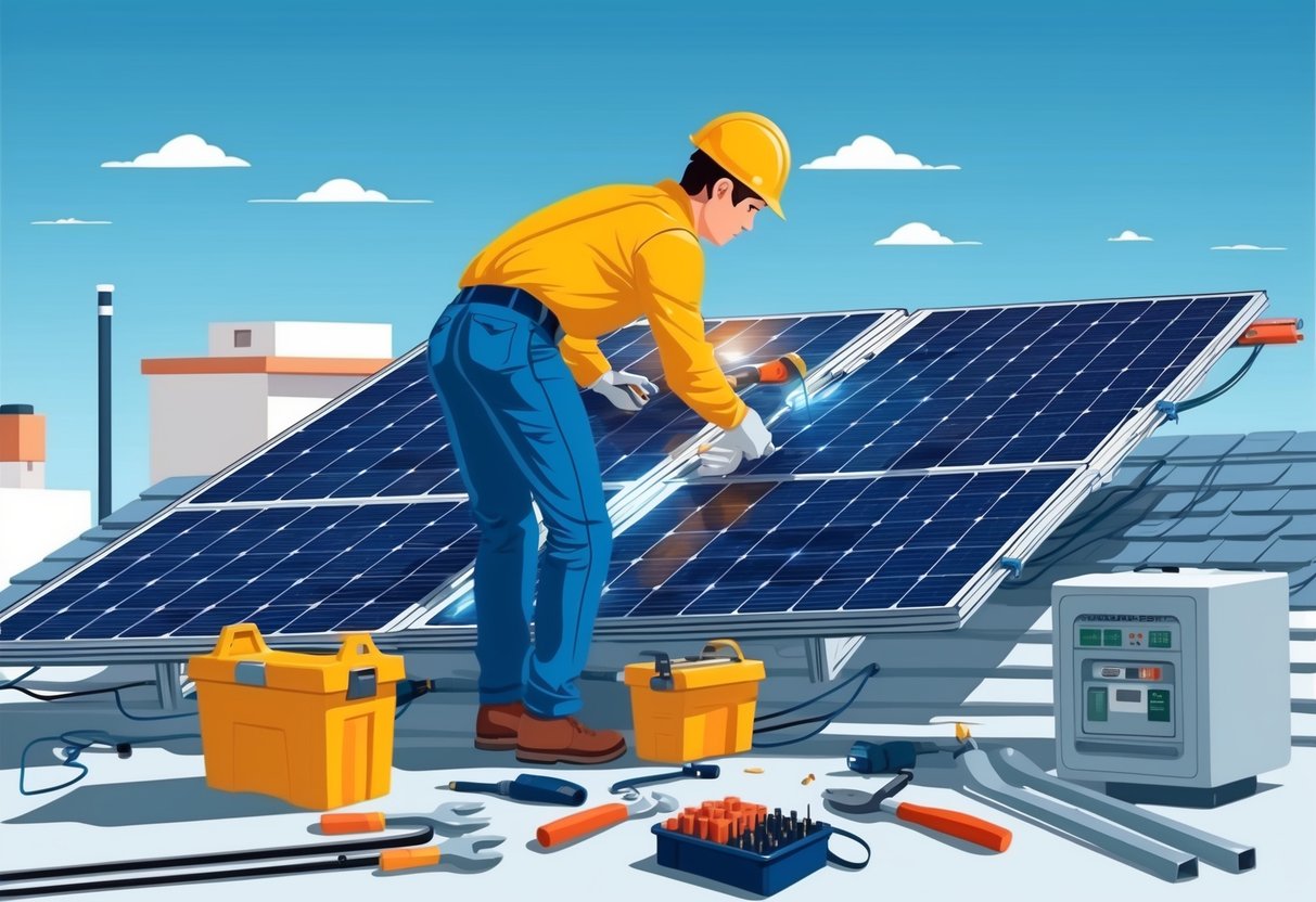DIY Solar: 5 Eenvoudige Stappen Voor Zelfgemaakte Zonnepanelen 11 Een persoon die zonnepanelen op een dak installeert, omringd door gereedschap en apparatuur