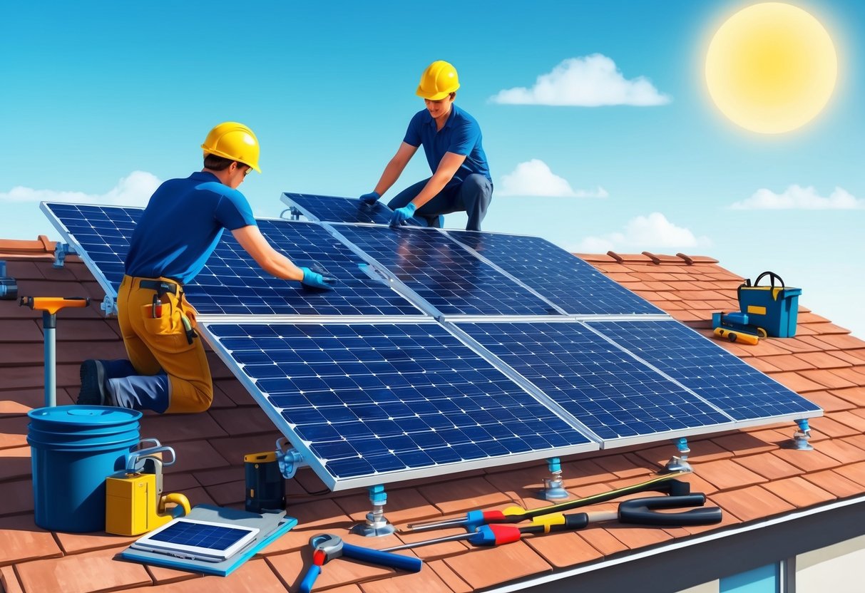 DIY Solar: 5 Eenvoudige Stappen Voor Zelfgemaakte Zonnepanelen 12 Een persoon die zonnepanelen op een dak installeert, omringd door gereedschap en apparatuur, met een helder zicht op de zon op de achtergrond