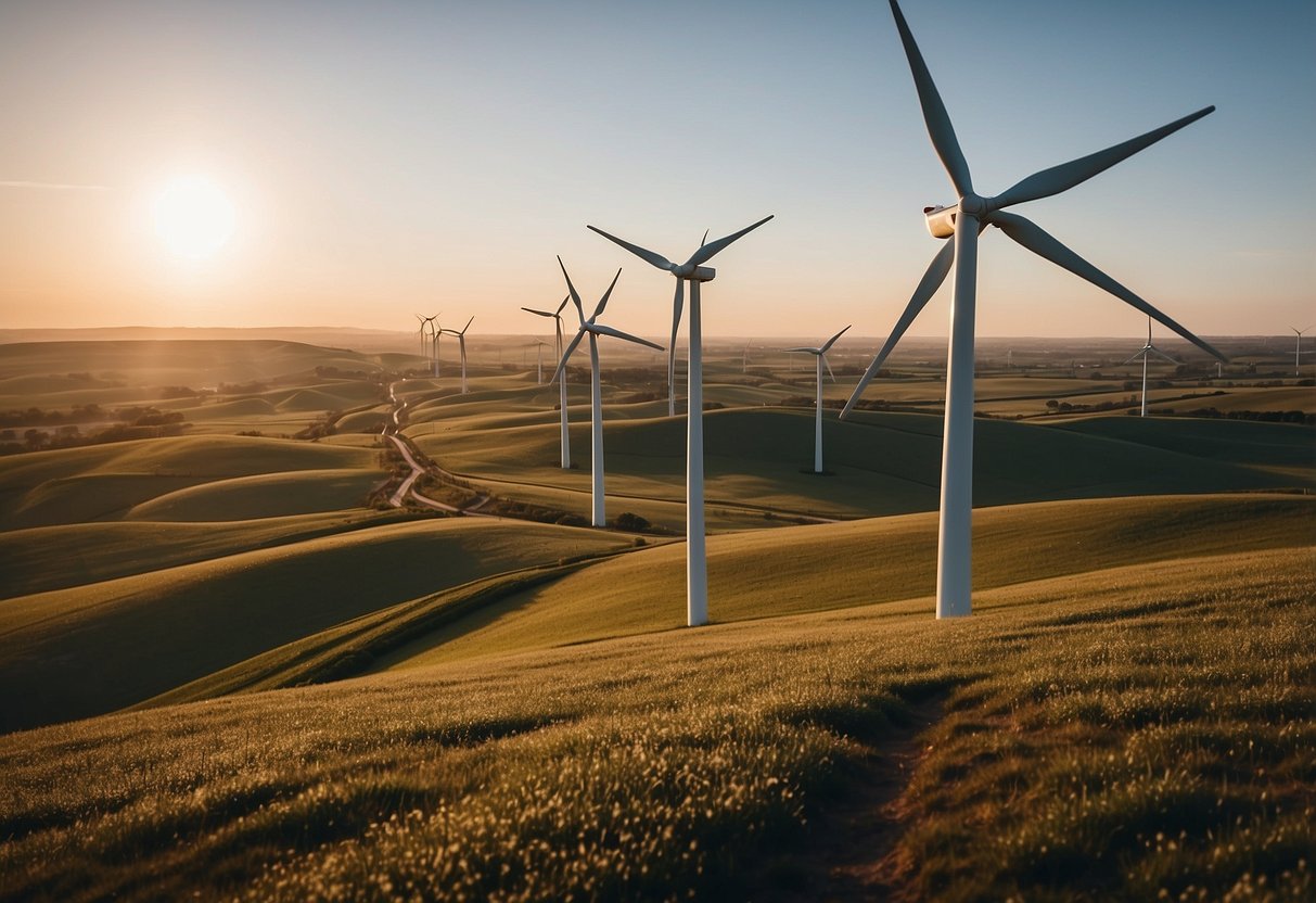 A wind turbine farm stretches across the horizon, with sleek, modern turbines spinning gracefully in the breeze. The sky is clear and the sun is shining, casting a warm glow over the landscape