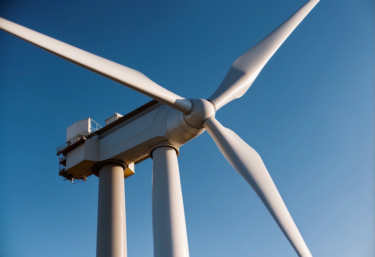 A wind turbine stands tall against a clear blue sky, generating energy for Budget Energie's collective