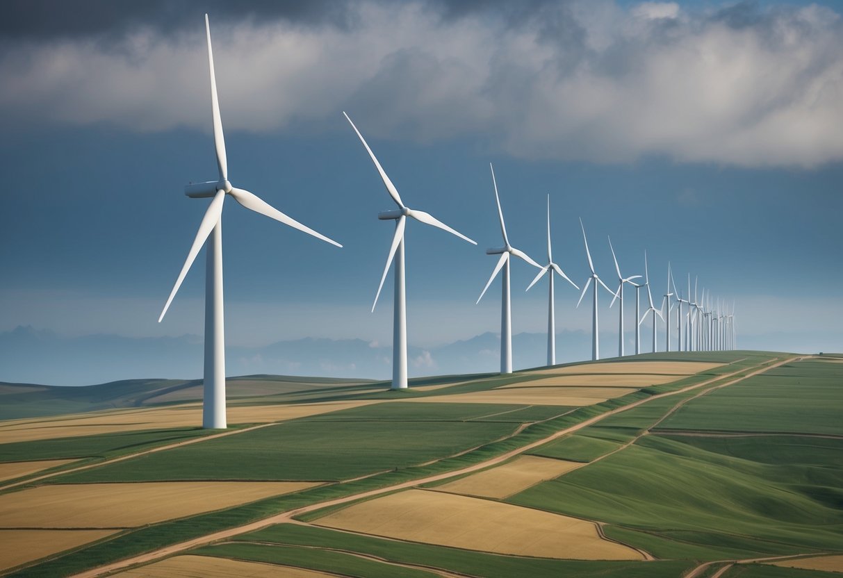 Een windmolenpark op een heuvelachtig landschap, met rijen hoge, slanke molens die in de verte onder een bewolkte lucht uitstrekken.