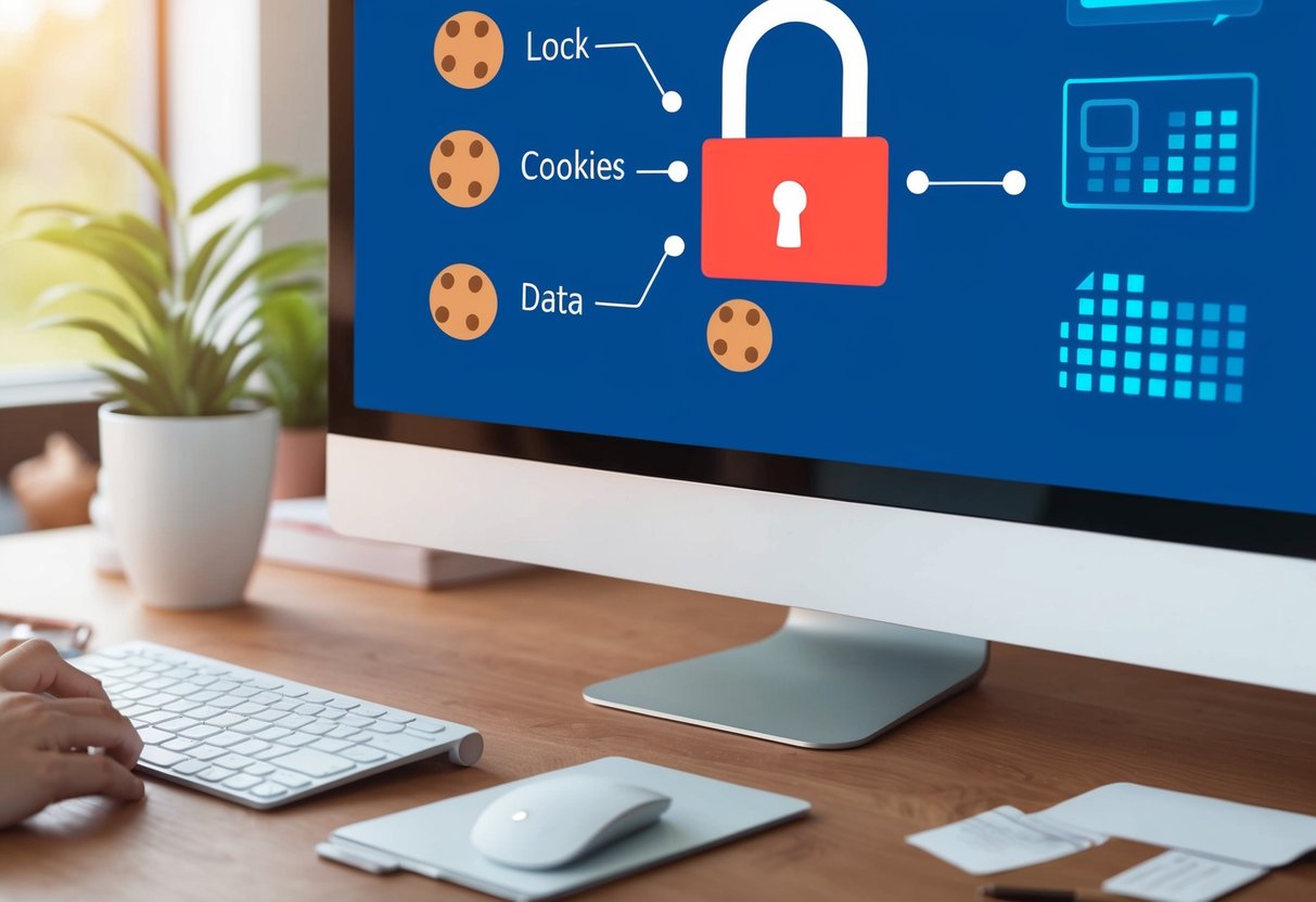 Energie informatie: 7 essentiële feiten die je vandaag moet weten 5 Een computerscherm met een slotpictogram, koekjes en datasymbolen